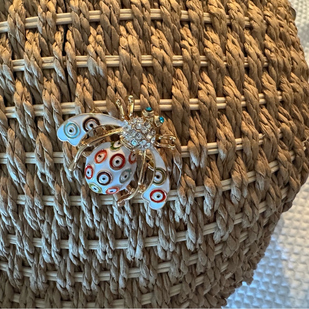 Elegant beige Woven straw bag with 🌼 daisy and bumble bee 🐝 broaches. - Picture 8 of 11
